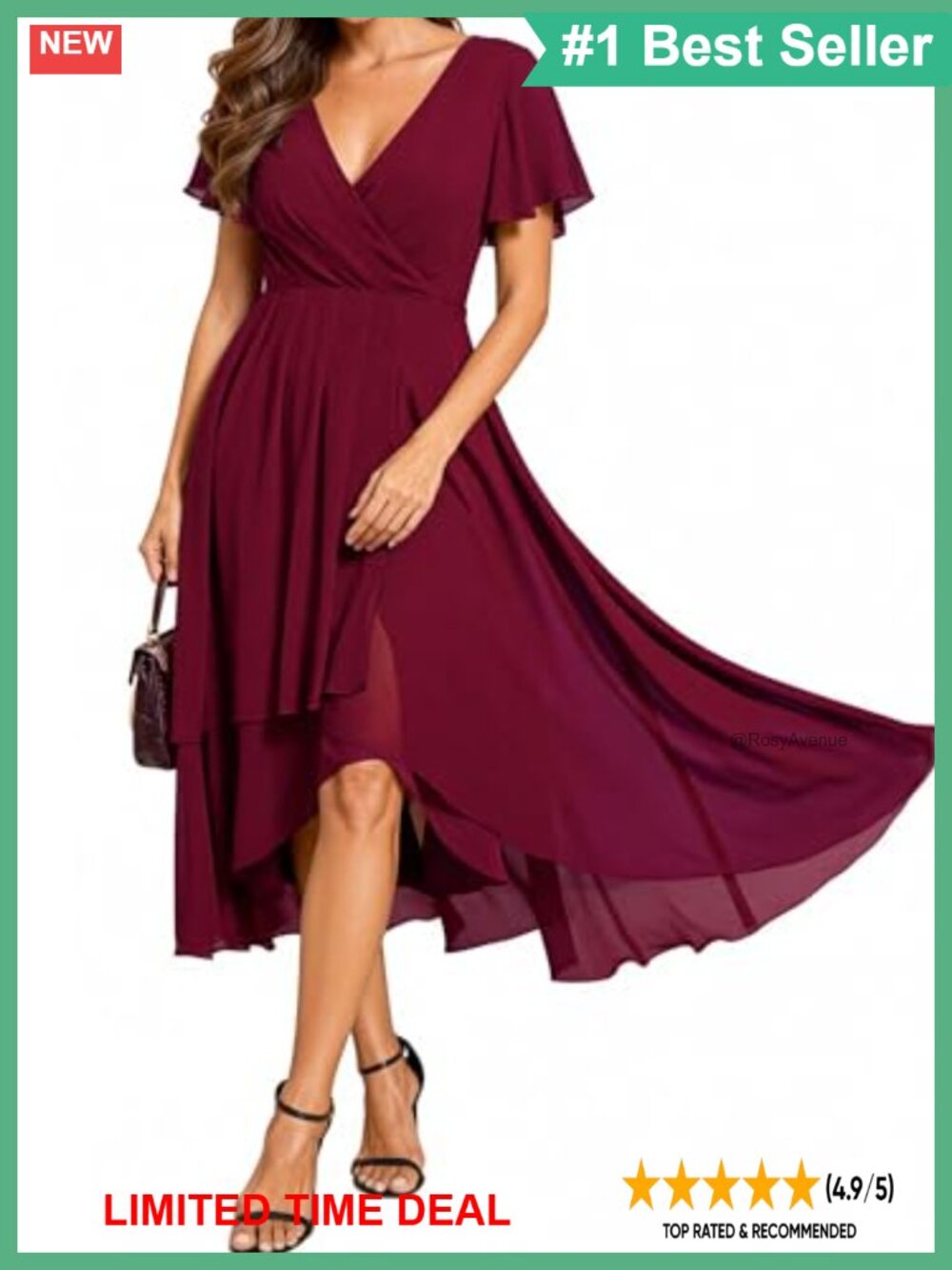 Chiffon Midi Wedding Guest Dress High Low V-Neck Ruffle Sleeve Semi Formal